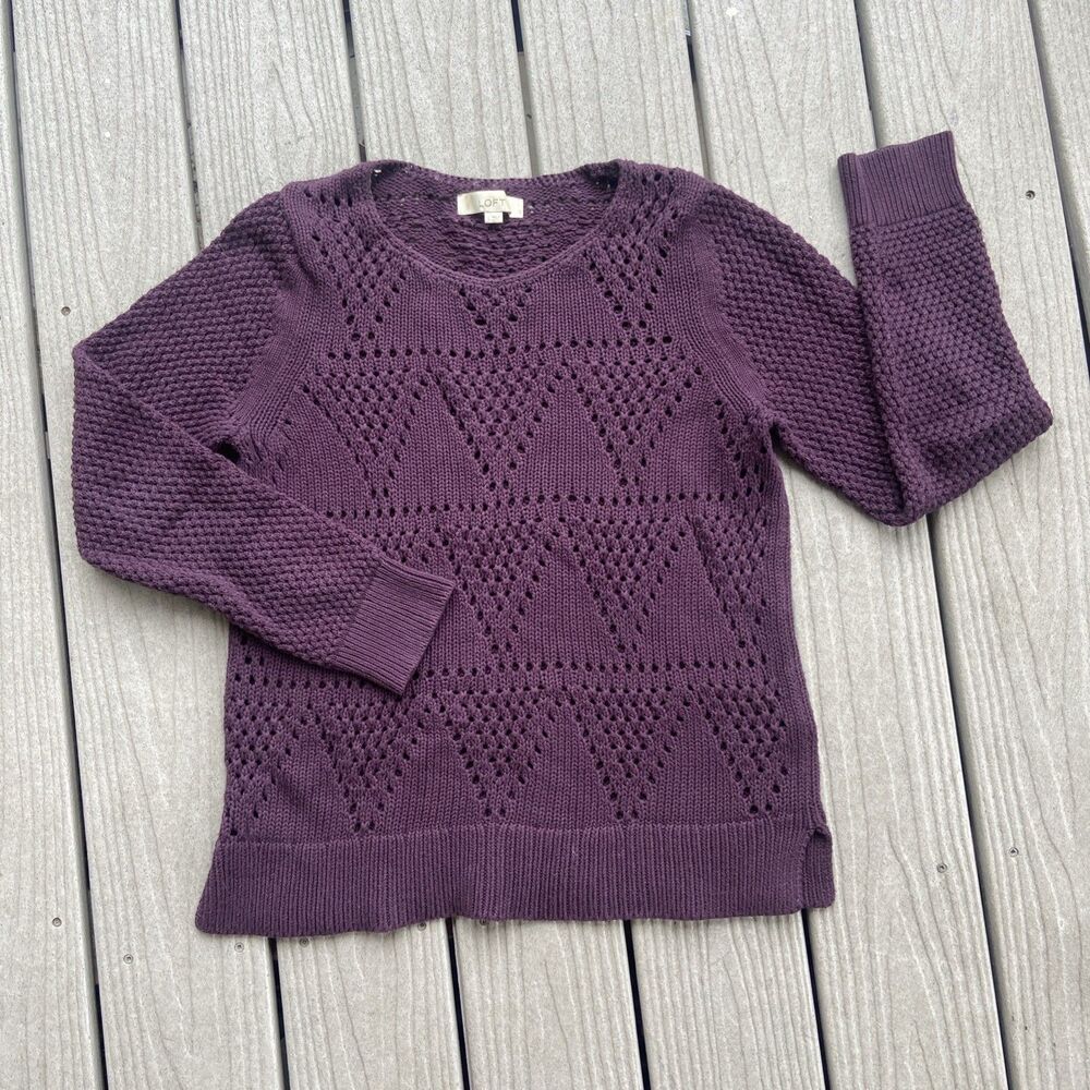 LOFT Womens Large Purple Pointelle Open Knit 100% Cotton Pullover Sweater L